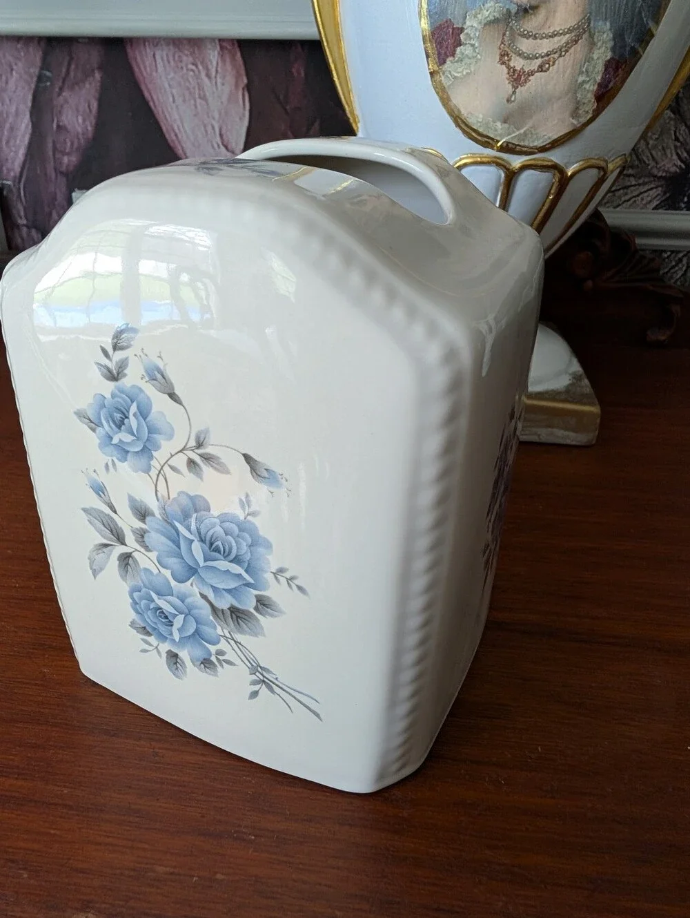 Vintage,  ATHENA USA Tissue Container holder Blue Roses Off white Porcelain 6.5